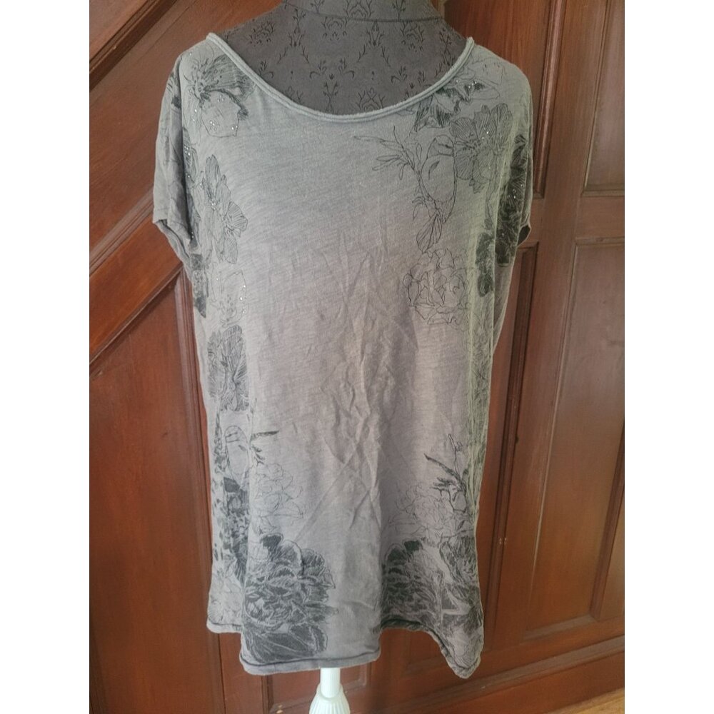 DKNY Jeans Womens XL Gray Floral Graphic Short Sleeve Top Rhinestone Accents